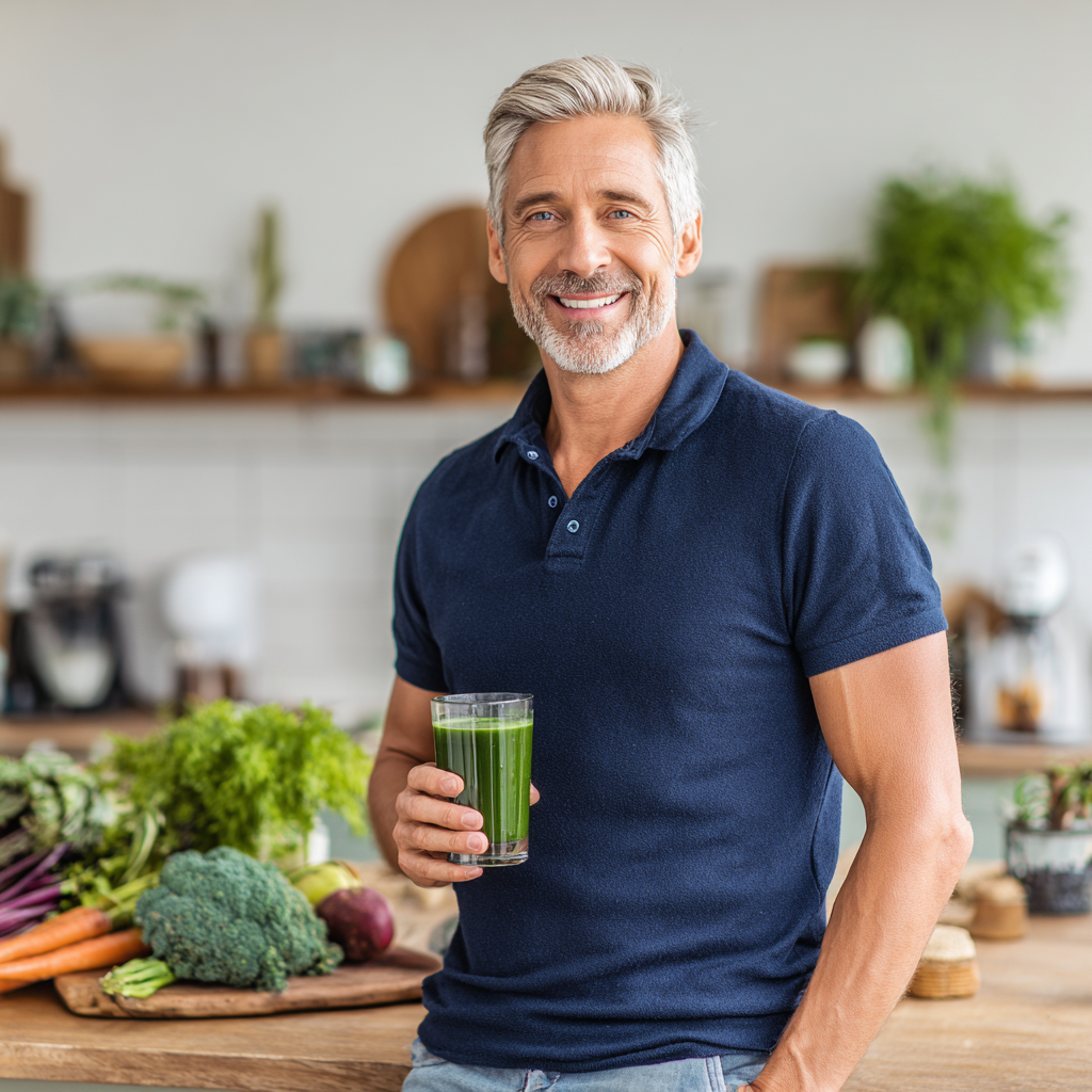 A confident man in his early 50s with graying temples, wearing a navy blue polo shirt, standing in a bright modern kitchen with fresh produce on the counter, smiling warmly while holding a glass of green smoothie, representing healthy lifestyle and vitality