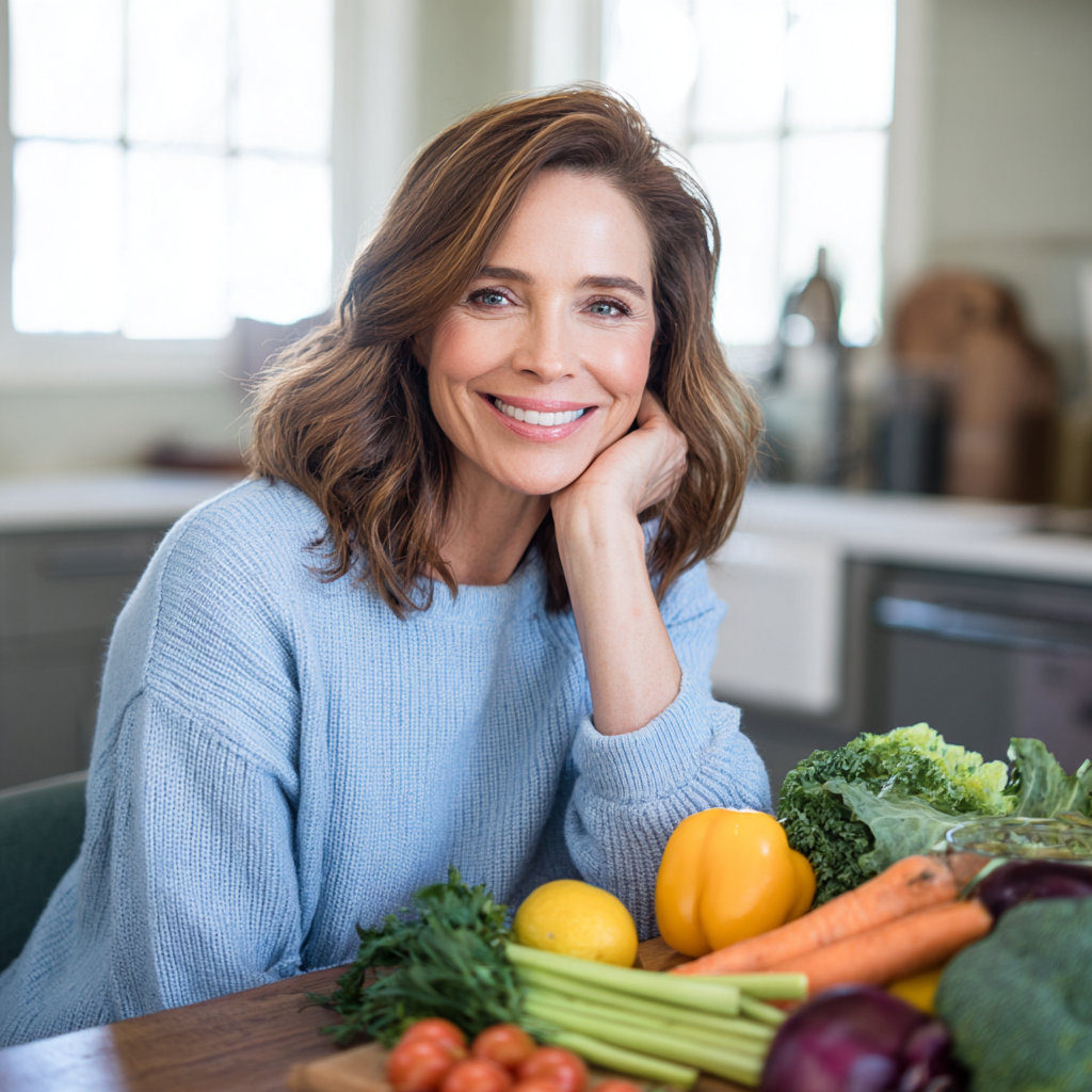 A smiling woman in her mid-40s with shoulder-length brown hair, wearing a light blue sweater, sitting at a modern kitchen table with fresh vegetables and fruits arranged around her, natural lighting from a window, representing healthy lifestyle and nutrition planning